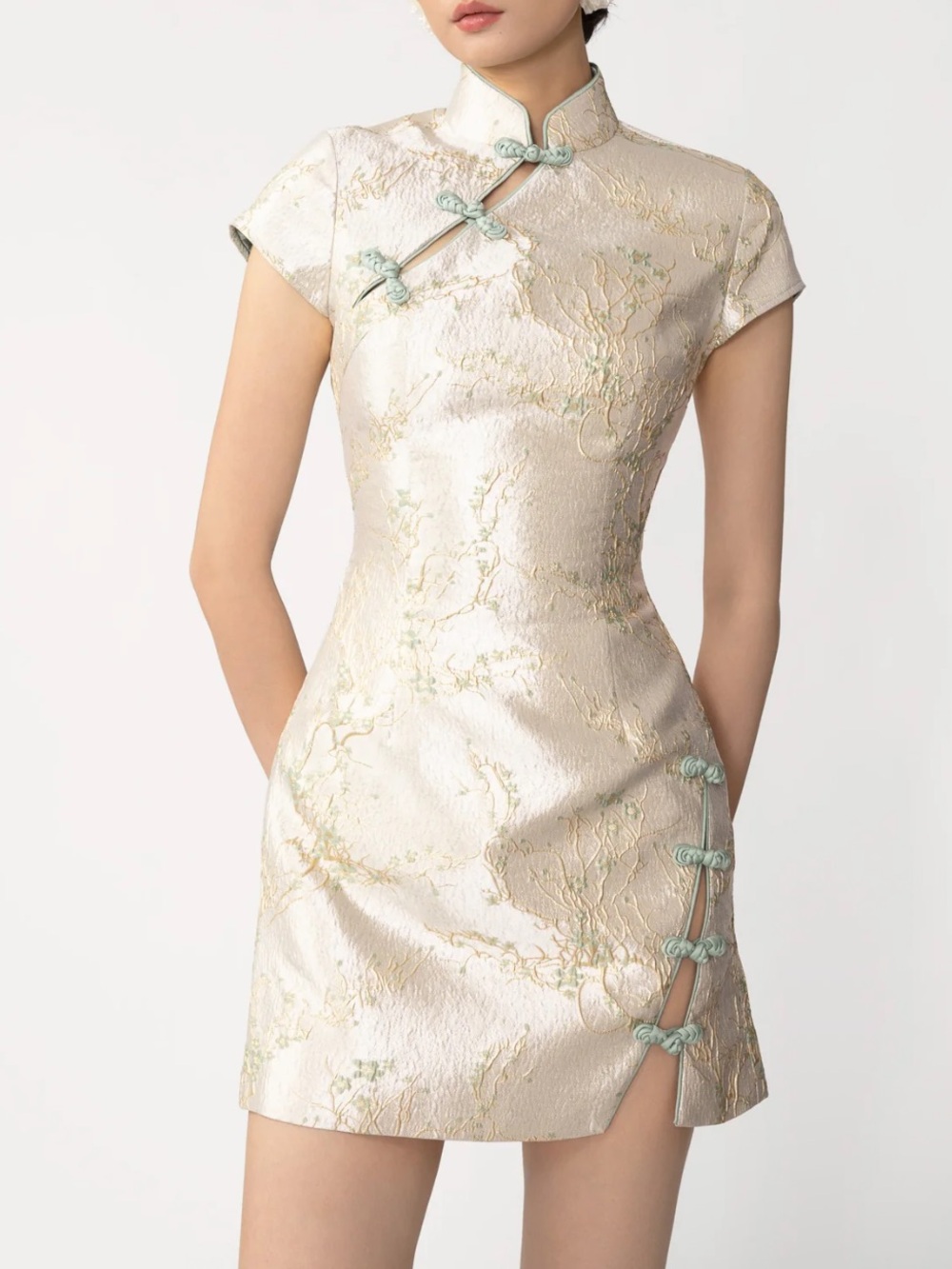 Sau Lee Jada Jacquard Floral in Silver Mint Side Slit Mini Dress Size 6 $525
